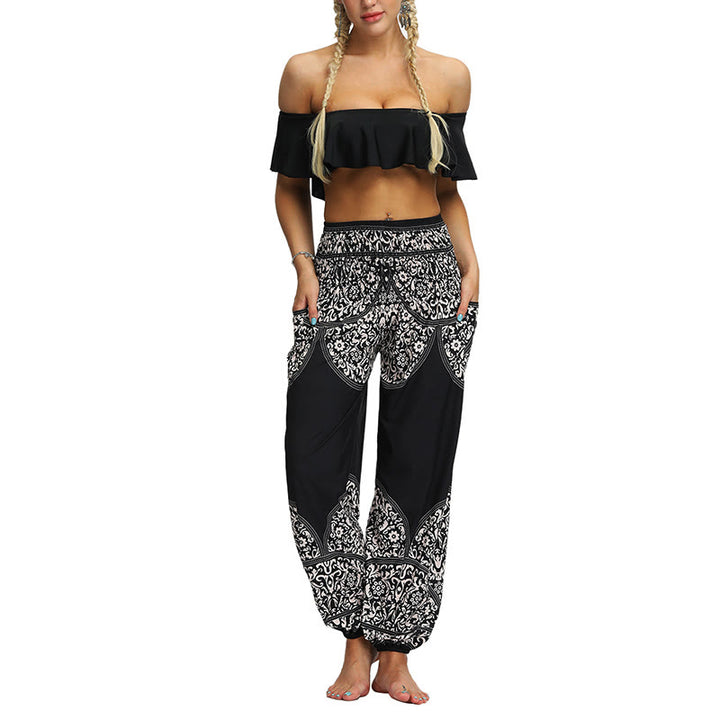 Buddha Stones Boho Lockere Haremshose mit geometrischem Elefantenmuster für Damen, Yogahose