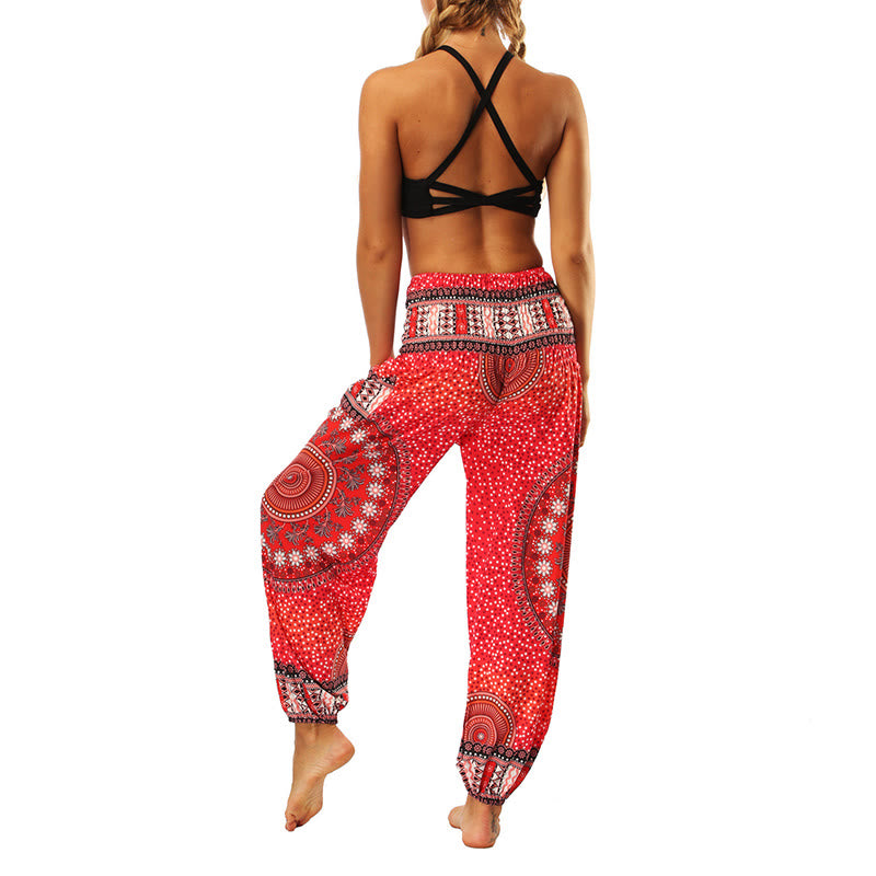 Buddha Stones Boho Lockere Haremshose mit geometrischem Elefantenmuster für Damen, Yogahose