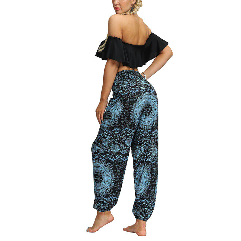 Buddha Stones Boho Lockere Haremshose mit geometrischem Elefantenmuster für Damen, Yogahose