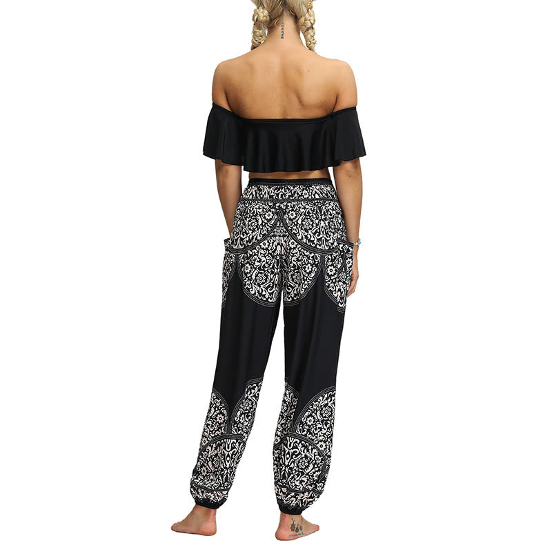 Buddha Stones Boho Lockere Haremshose mit geometrischem Elefantenmuster für Damen, Yogahose