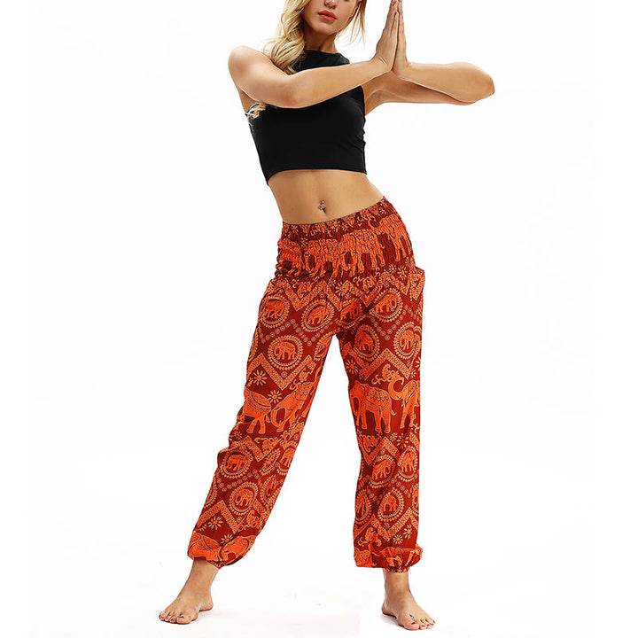 Buddha Stones Boho Lockere Haremshose mit geometrischem Elefantenmuster für Damen, Yogahose