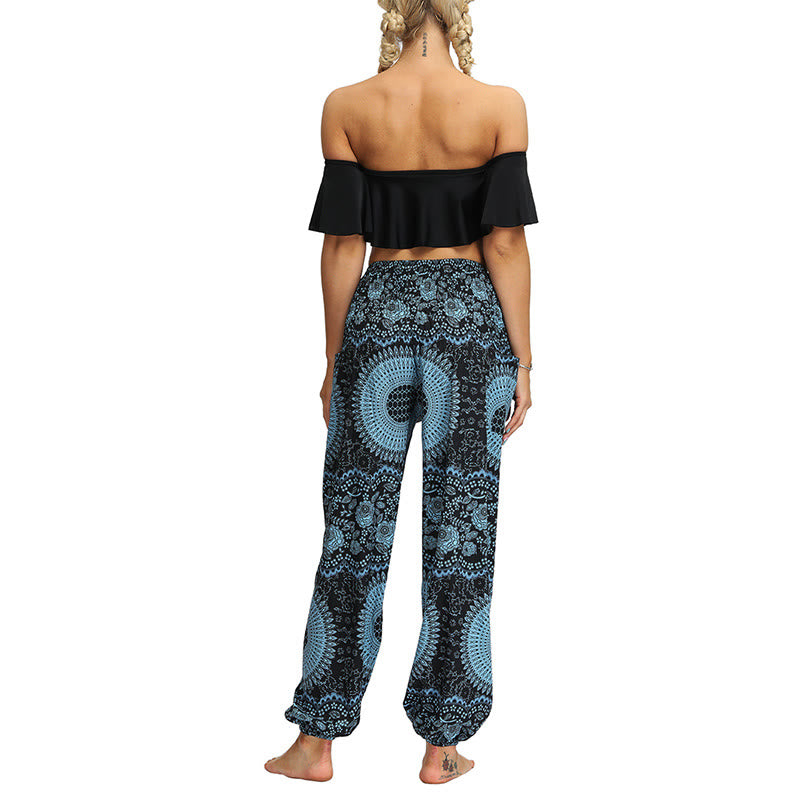 Buddha Stones Boho Lockere Haremshose mit geometrischem Elefantenmuster für Damen, Yogahose