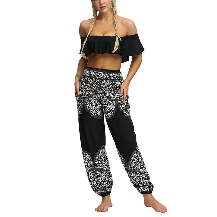 Buddha Stones Boho Lockere Haremshose mit geometrischem Elefantenmuster für Damen, Yogahose