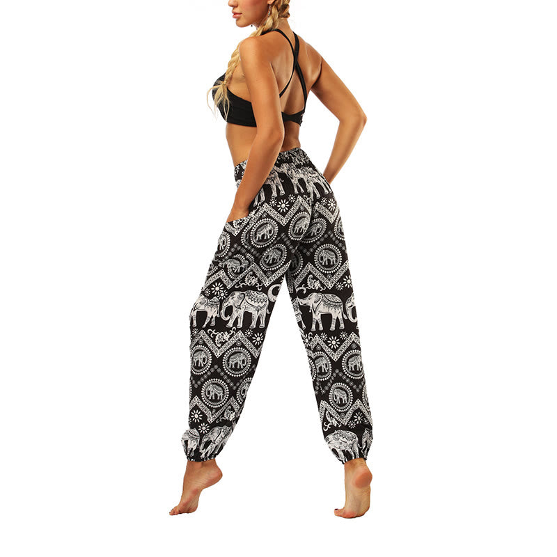 Buddha Stones Boho Lockere Haremshose mit geometrischem Elefantenmuster für Damen, Yogahose