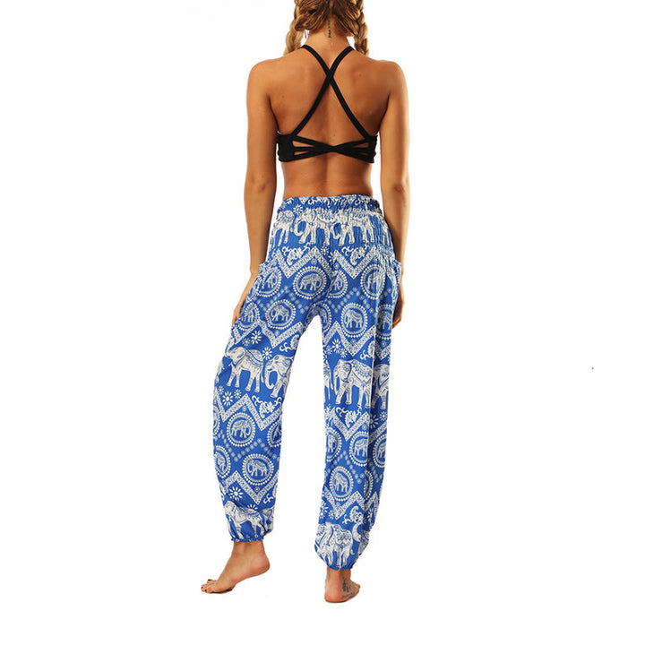 Buddha Stones Boho Lockere Haremshose mit geometrischem Elefantenmuster für Damen, Yogahose