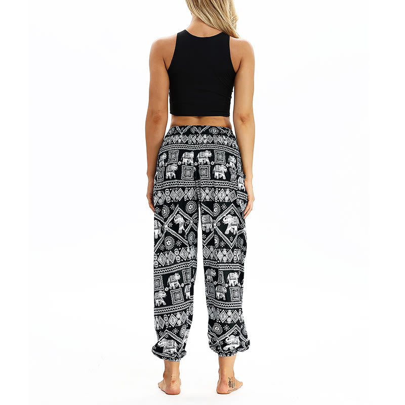 Buddha Stones Boho Lockere Haremshose mit geometrischem Elefantenmuster für Damen, Yogahose