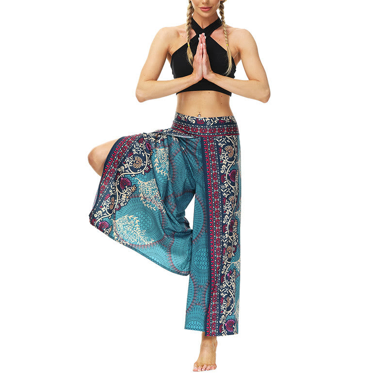 Buddha Stones Boho Blumenranke Schlitz Oberschenkel Weite Beinhose Sport Fitness Tanz Damen Yogahose