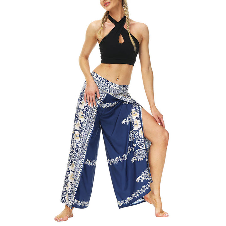 Buddha Stones Boho Blumenranke Schlitz Oberschenkel Weite Beinhose Sport Fitness Tanz Damen Yogahose