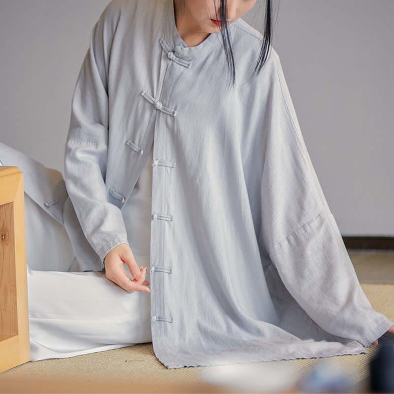 Buddha Stones Plain Frosch-Knopf-Design Shirt Zen Tai Chi Meditation Top Kleidung Baumwolle Leinen Jacke - Grau (Brustumfang 150 cm) (Nur Oberteil) - image 0