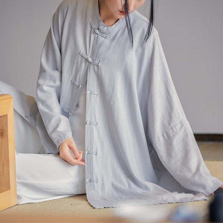 Buddha Stones Plain Frosch-Knopf-Design Shirt Zen Tai Chi Meditation Top Kleidung Baumwolle Leinen Jacke - Grau (Brustumfang 150 cm) (Nur Oberteil) - image 0