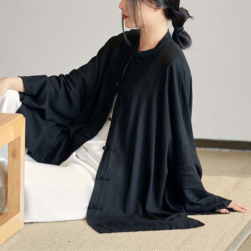 Buddha Stones Plain Frosch-Knopf-Design Shirt Zen Tai Chi Meditation Top Kleidung Baumwolle Leinen Jacke - Schwarz (Brustumfang 150 cm) (Nur Oberteil) - image 21