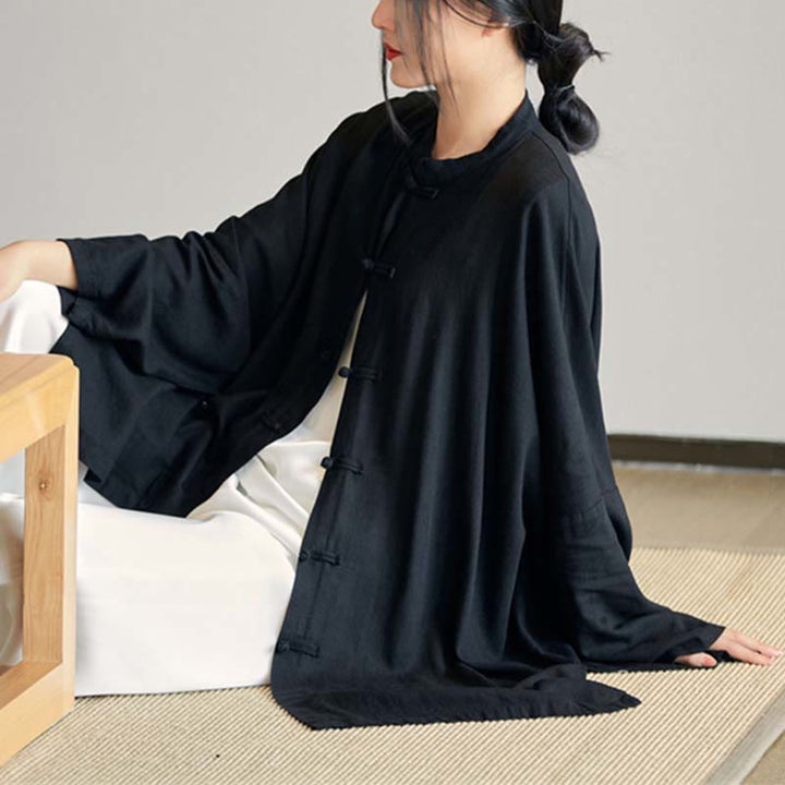 Buddha Stones Plain Frosch-Knopf-Design Shirt Zen Tai Chi Meditation Top Kleidung Baumwolle Leinen Jacke - Schwarz (Brustumfang 150 cm) (Nur Oberteil) - image 21