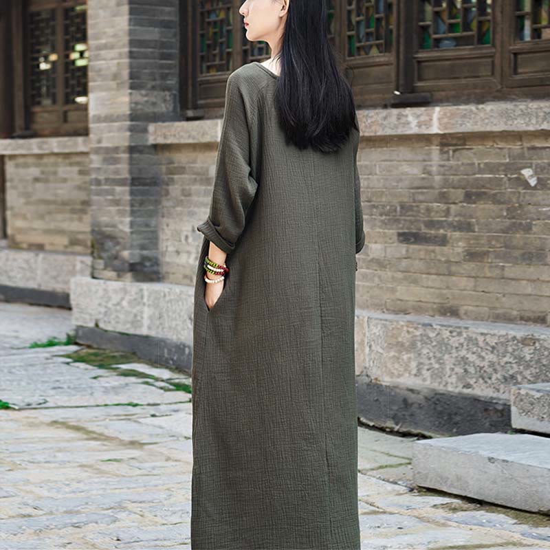 Buddha Stones Schlichtes Midikleid, Zen-Tunikakleid aus Baumwolle und Leinen mit Taschen - image 2