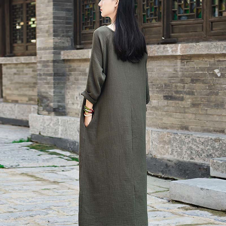 Buddha Stones Schlichtes Midikleid, Zen-Tunikakleid aus Baumwolle und Leinen mit Taschen - image 2