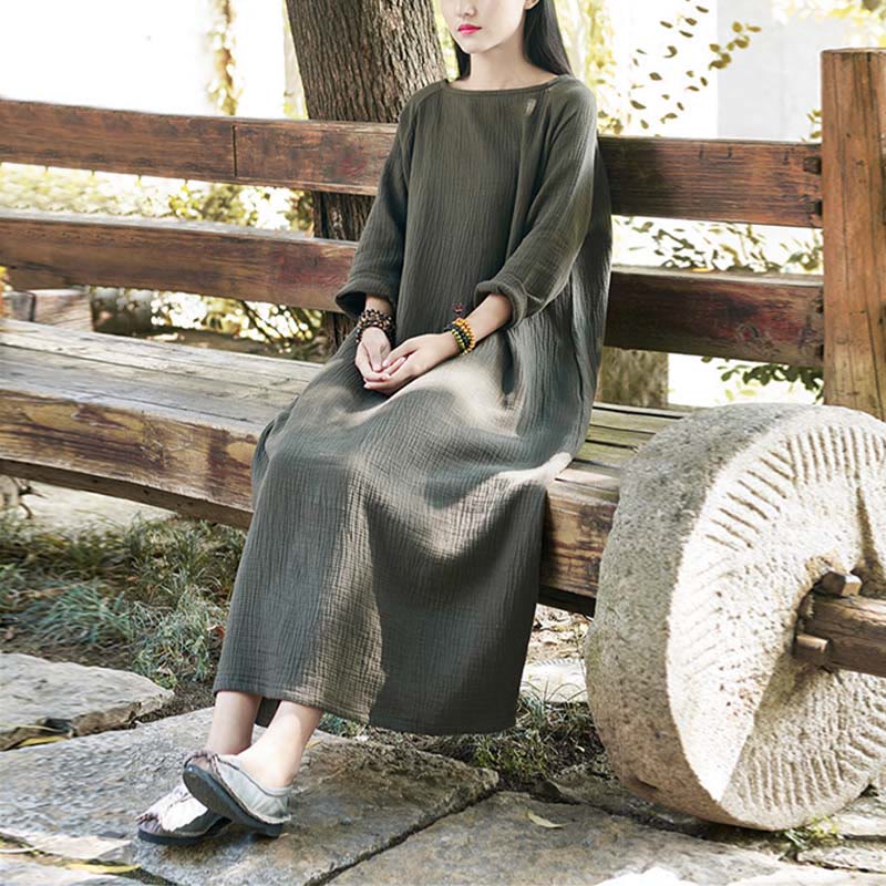 Buddha Stones Schlichtes Midikleid, Zen-Tunikakleid aus Baumwolle und Leinen mit Taschen - image 1