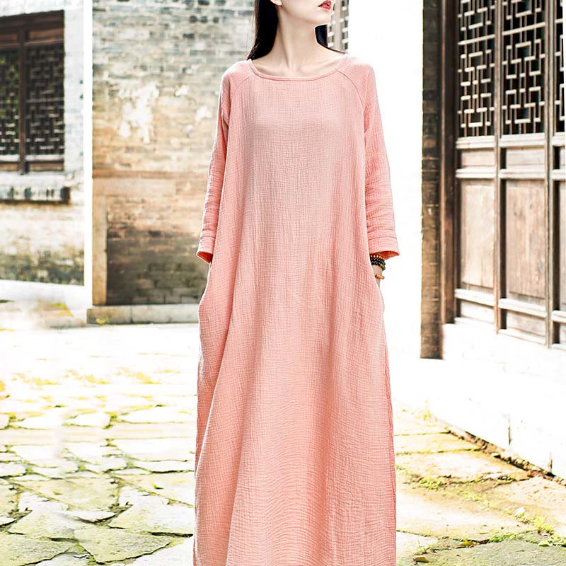 Buddha Stones Schlichtes Midikleid, Zen-Tunikakleid aus Baumwolle und Leinen mit Taschen - Rosa (Brustumfang 114 cm/Länge 120 cm) (nur Kleid) - image 9