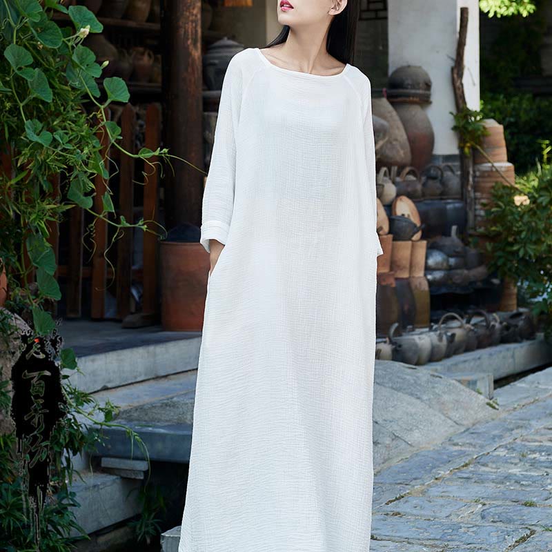 Buddha Stones Schlichtes Midikleid, Zen-Tunikakleid aus Baumwolle und Leinen mit Taschen - Weiß (Brustumfang 114 cm/Länge 120 cm) (Nur Kleid) - image 21