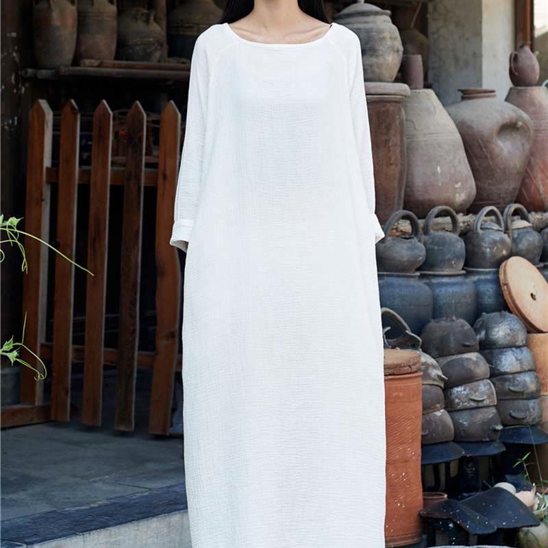 Buddha Stones Schlichtes Midikleid, Zen-Tunikakleid aus Baumwolle und Leinen mit Taschen - image 25