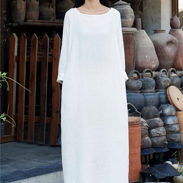 Buddha Stones Schlichtes Midikleid, Zen-Tunikakleid aus Baumwolle und Leinen mit Taschen - image 25
