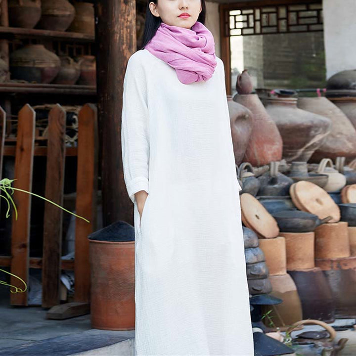 Buddha Stones Schlichtes Midikleid, Zen-Tunikakleid aus Baumwolle und Leinen mit Taschen - image 23