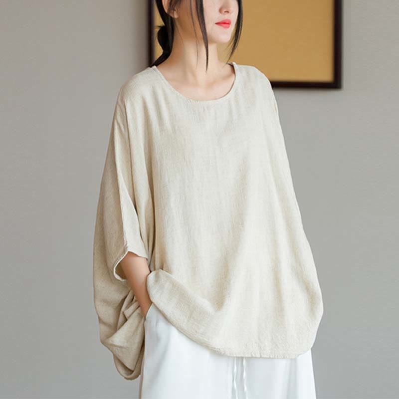 Buddha Stones Einfarbiges Oberteil mit Dreiviertelärmeln und lockerem T-Shirt - Beige (Brustumfang 180 cm/Länge 64 cm) (nur Oberteil) - image 0