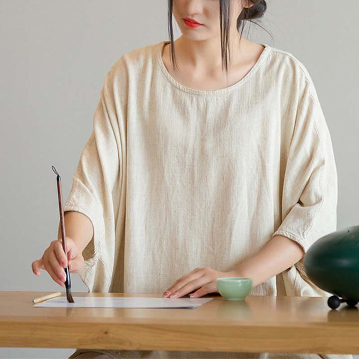 Buddha Stones Einfarbiges Oberteil mit Dreiviertelärmeln und lockerem T-Shirt - image 5