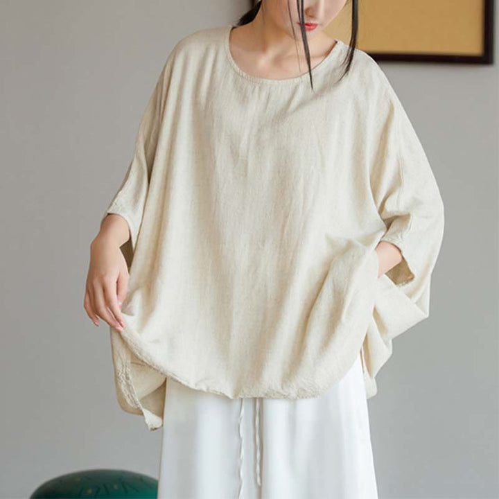 Buddha Stones Einfarbiges Oberteil mit Dreiviertelärmeln und lockerem T-Shirt - image 6