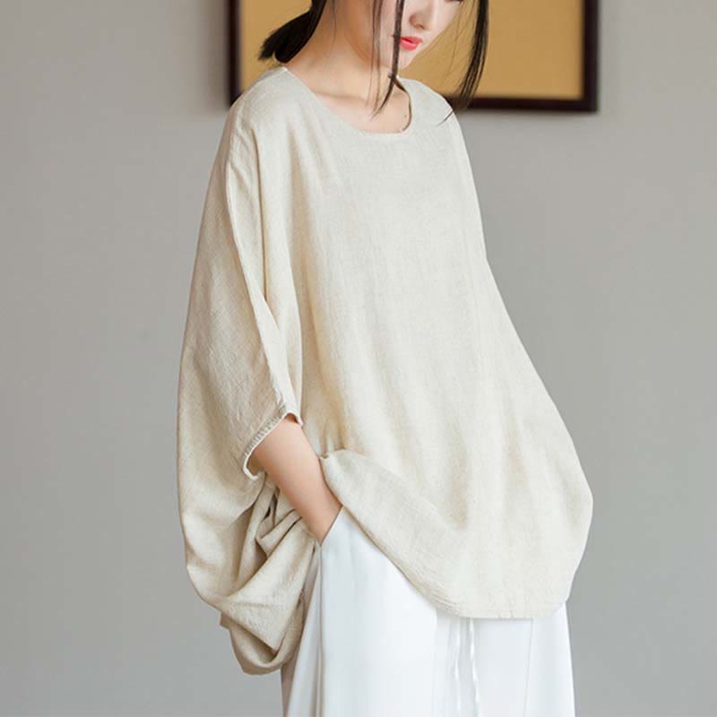 Buddha Stones Einfarbiges Oberteil mit Dreiviertelärmeln und lockerem T-Shirt - image 7