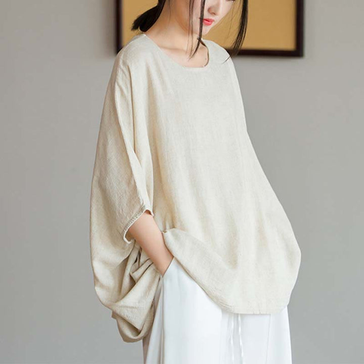 Buddha Stones Einfarbiges Oberteil mit Dreiviertelärmeln und lockerem T-Shirt - image 7