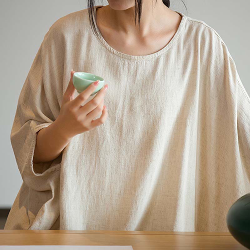 Buddha Stones Einfarbiges Oberteil mit Dreiviertelärmeln und lockerem T-Shirt - image 9