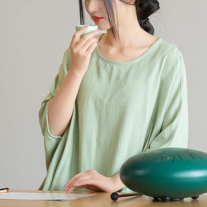 Buddha Stones Einfarbiges Oberteil mit Dreiviertelärmeln und lockerem T-Shirt - image 12