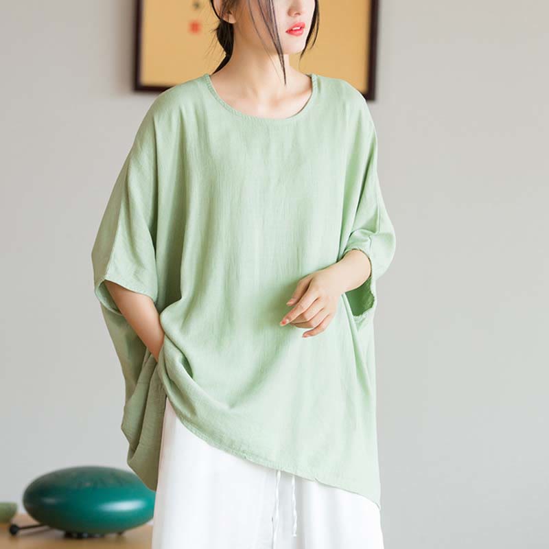 Buddha Stones Einfarbiges Oberteil mit Dreiviertelärmeln und lockerem T-Shirt - Grün (Brustumfang 180 cm/Länge 64 cm) (nur Oberteil) - image 10