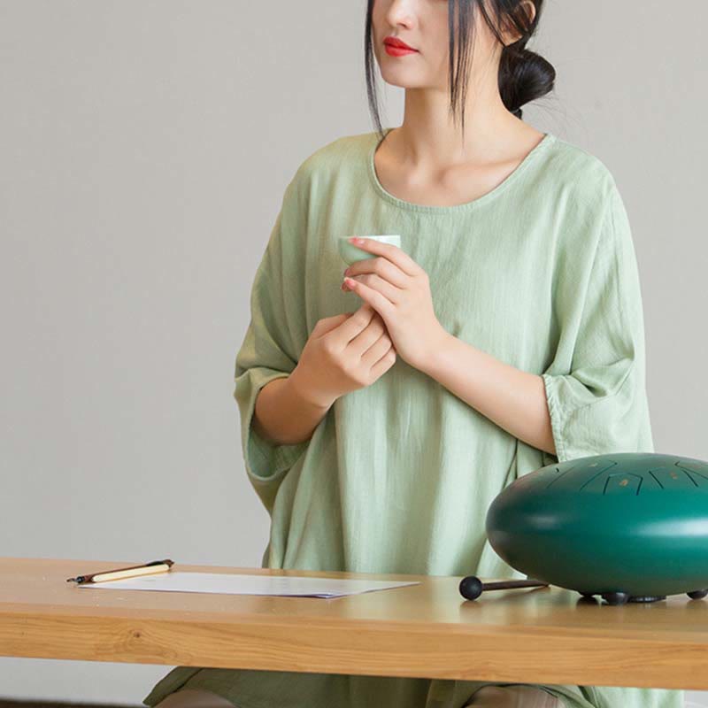 Buddha Stones Einfarbiges Oberteil mit Dreiviertelärmeln und lockerem T-Shirt - image 13