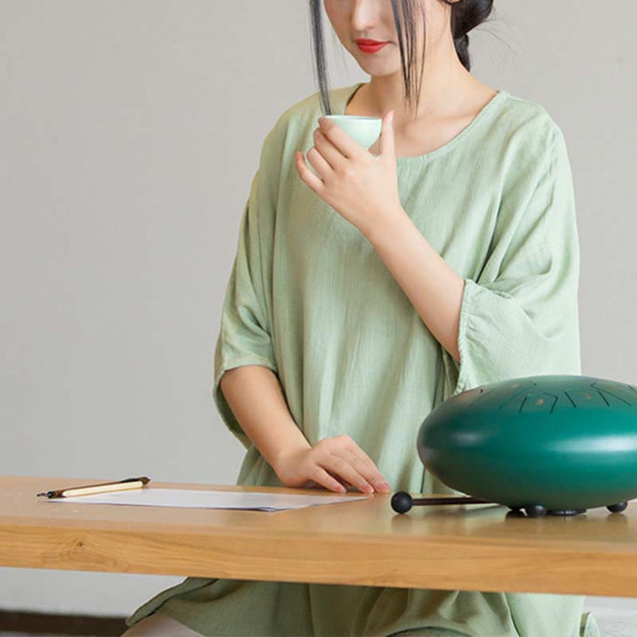 Buddha Stones Einfarbiges Oberteil mit Dreiviertelärmeln und lockerem T-Shirt - image 16