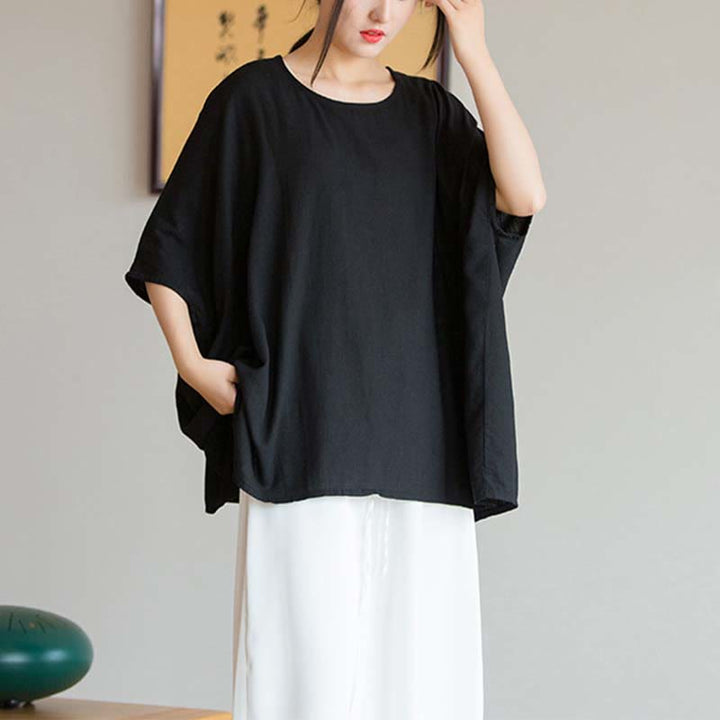 Buddha Stones Einfarbiges Oberteil mit Dreiviertelärmeln und lockerem T-Shirt - Schwarz (Brustumfang 180 cm/Länge 64 cm) (nur Oberteil) - image 19