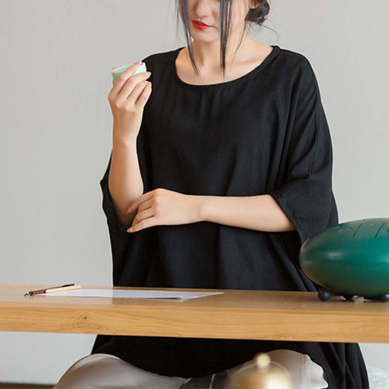 Buddha Stones Einfarbiges Oberteil mit Dreiviertelärmeln und lockerem T-Shirt - image 20