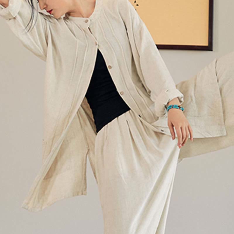 Buddha-Steine, einfarbig, langärmelig, Mantel, Jacke, Oberteil, weite Hose, Zen, Tai Chi, Yoga, Meditationskleidung - Beige - Nur Mantel - US4-12， UK/AU8-16，EU36-44 (F) - image 1