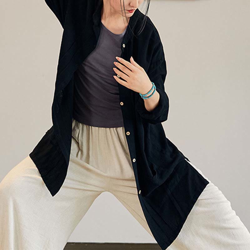 Buddha-Steine, einfarbig, langärmelig, Mantel, Jacke, Oberteil, weite Hose, Zen, Tai Chi, Yoga, Meditationskleidung - Schwarz - Nur Mantel - US4-12， UK/AU8-16，EU36-44 (F) - image 9