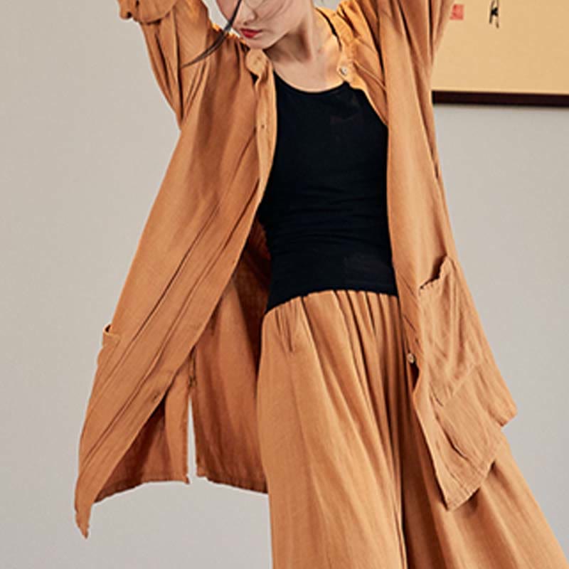 Buddha-Steine, einfarbig, langärmelig, Mantel, Jacke, Oberteil, weite Hose, Zen, Tai Chi, Yoga, Meditationskleidung - Gelb - Nur Mantel - US4-12， UK/AU8-16，EU36-44 (F) - image 23