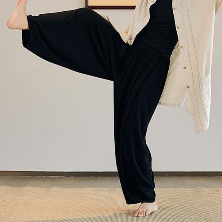 Buddha-Steine, einfarbig, langärmelig, Mantel, Jacke, Oberteil, weite Hose, Zen, Tai Chi, Yoga, Meditationskleidung - Schwarz - Nur Hosen - US4-12， UK/AU8-16，EU36-44 (F) - image 10