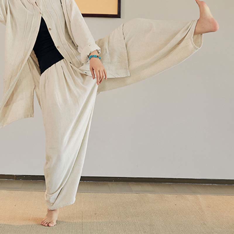 Buddha-Steine, einfarbig, langärmelig, Mantel, Jacke, Oberteil, weite Hose, Zen, Tai Chi, Yoga, Meditationskleidung - Beige - Nur Hosen - US4-12， UK/AU8-16，EU36-44 (F) - image 2