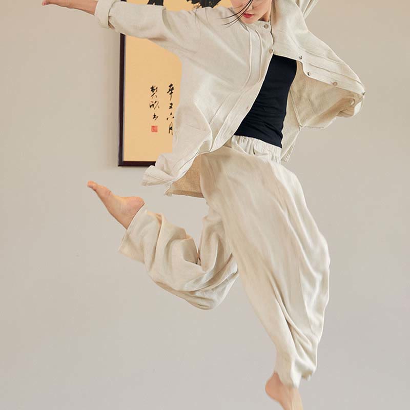 Buddha-Steine, einfarbig, langärmelig, Mantel, Jacke, Oberteil, weite Hose, Zen, Tai Chi, Yoga, Meditationskleidung - image 4