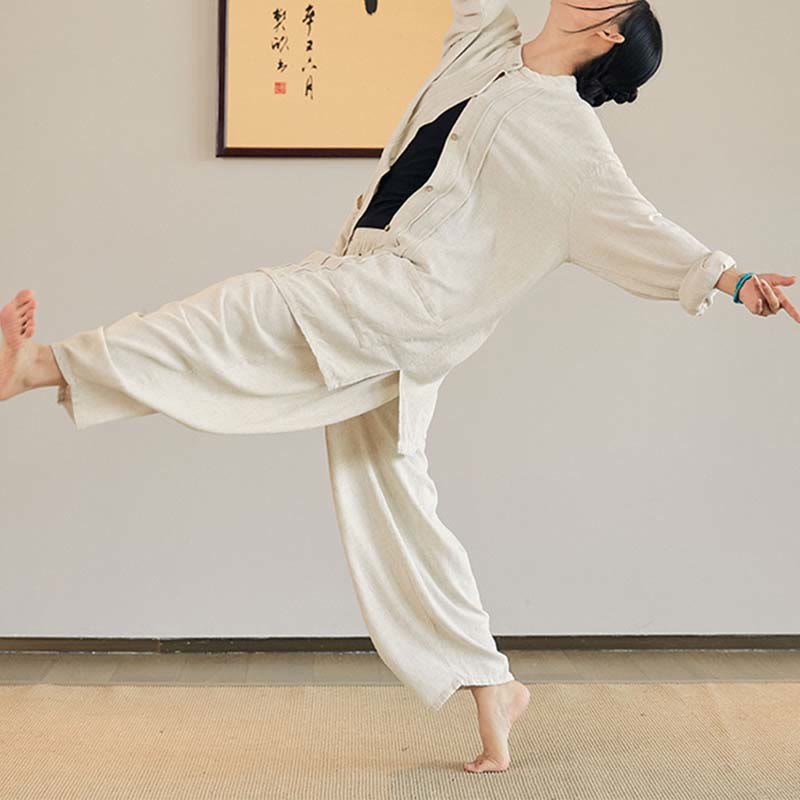 Buddha-Steine, einfarbig, langärmelig, Mantel, Jacke, Oberteil, weite Hose, Zen, Tai Chi, Yoga, Meditationskleidung - image 6