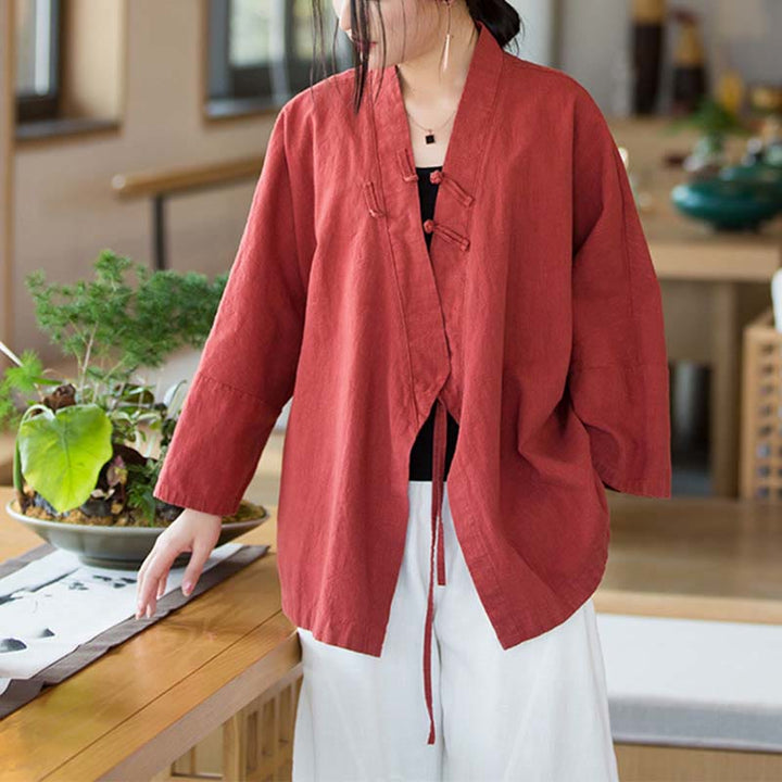 Buddha-Steine, Frosch-Knopf, Hanfu-Design, langärmeliger Mantel, Zen-Meditation, vorne offen, Oberteiljacke - Rot, US0-8/10, UK/AU4-12/14, EU32-40/42 (F) - image 0
