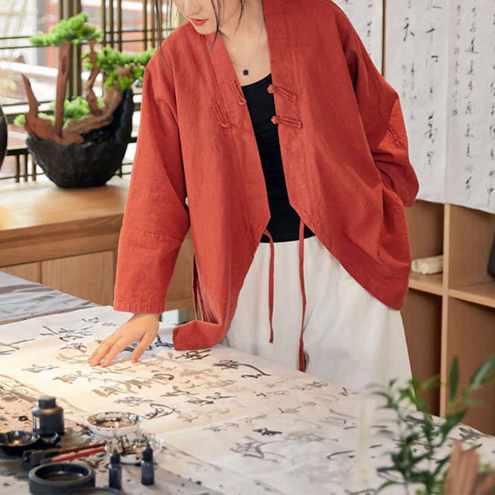 Buddha-Steine, Frosch-Knopf, Hanfu-Design, langärmeliger Mantel, Zen-Meditation, vorne offen, Oberteiljacke - image 3