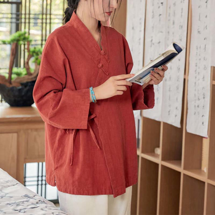 Buddha-Steine, Frosch-Knopf, Hanfu-Design, langärmeliger Mantel, Zen-Meditation, vorne offen, Oberteiljacke - image 4