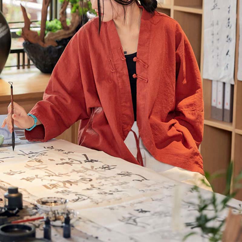Buddha-Steine, Frosch-Knopf, Hanfu-Design, langärmeliger Mantel, Zen-Meditation, vorne offen, Oberteiljacke - image 2