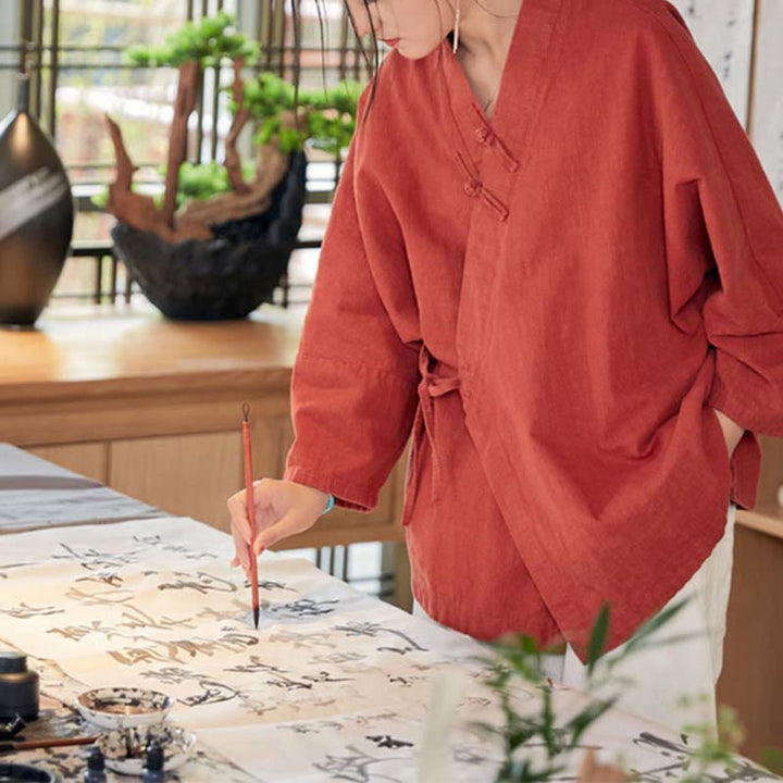 Buddha-Steine, Frosch-Knopf, Hanfu-Design, langärmeliger Mantel, Zen-Meditation, vorne offen, Oberteiljacke - image 6