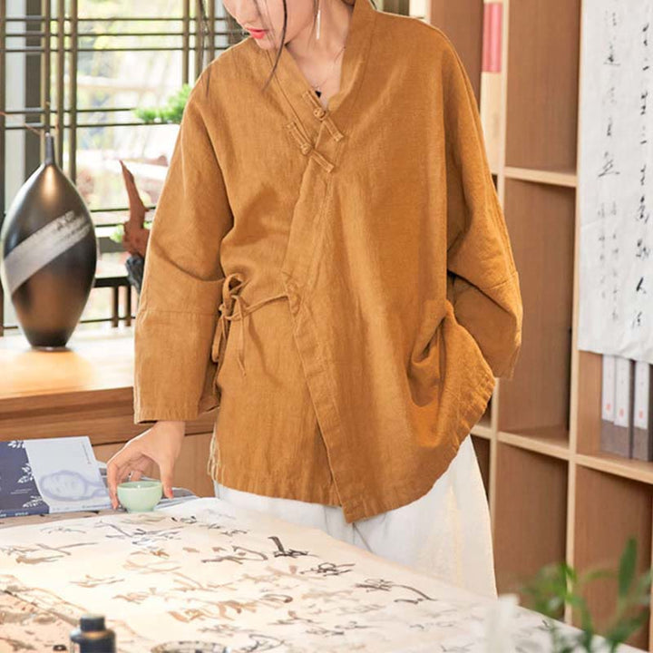 Buddha-Steine, Frosch-Knopf, Hanfu-Design, langärmeliger Mantel, Zen-Meditation, vorne offen, Oberteiljacke - image 10