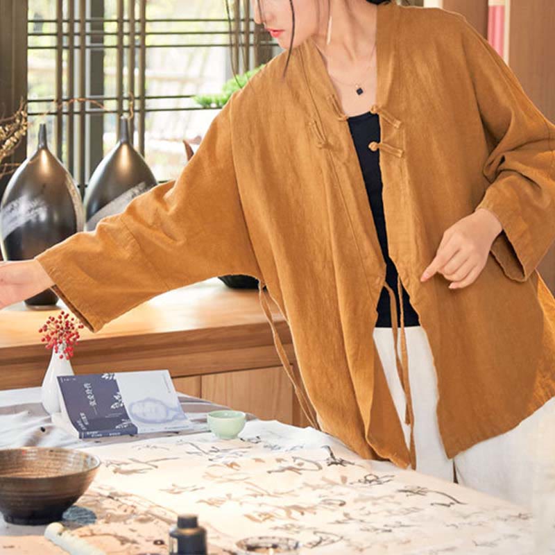 Buddha-Steine, Frosch-Knopf, Hanfu-Design, langärmeliger Mantel, Zen-Meditation, vorne offen, Oberteiljacke - image 13